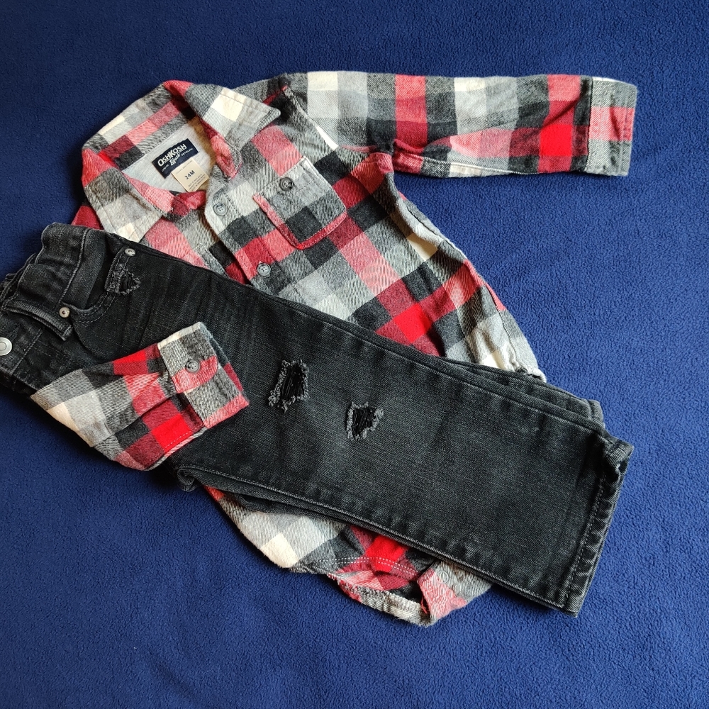Boys "little man" fall outfit flannel and distressed jeans Carter's & baby Gap